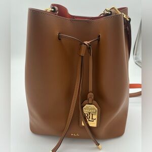 Ralph Lauren Brown Leather Bucket Handbag with Gold accents drawstring old money